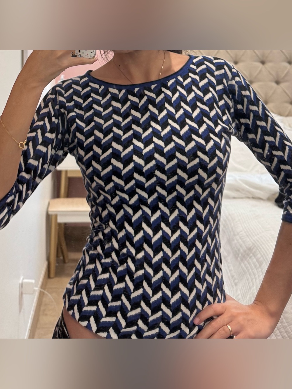 Ann Taylor Navy, White & Black Geometric Knit Top